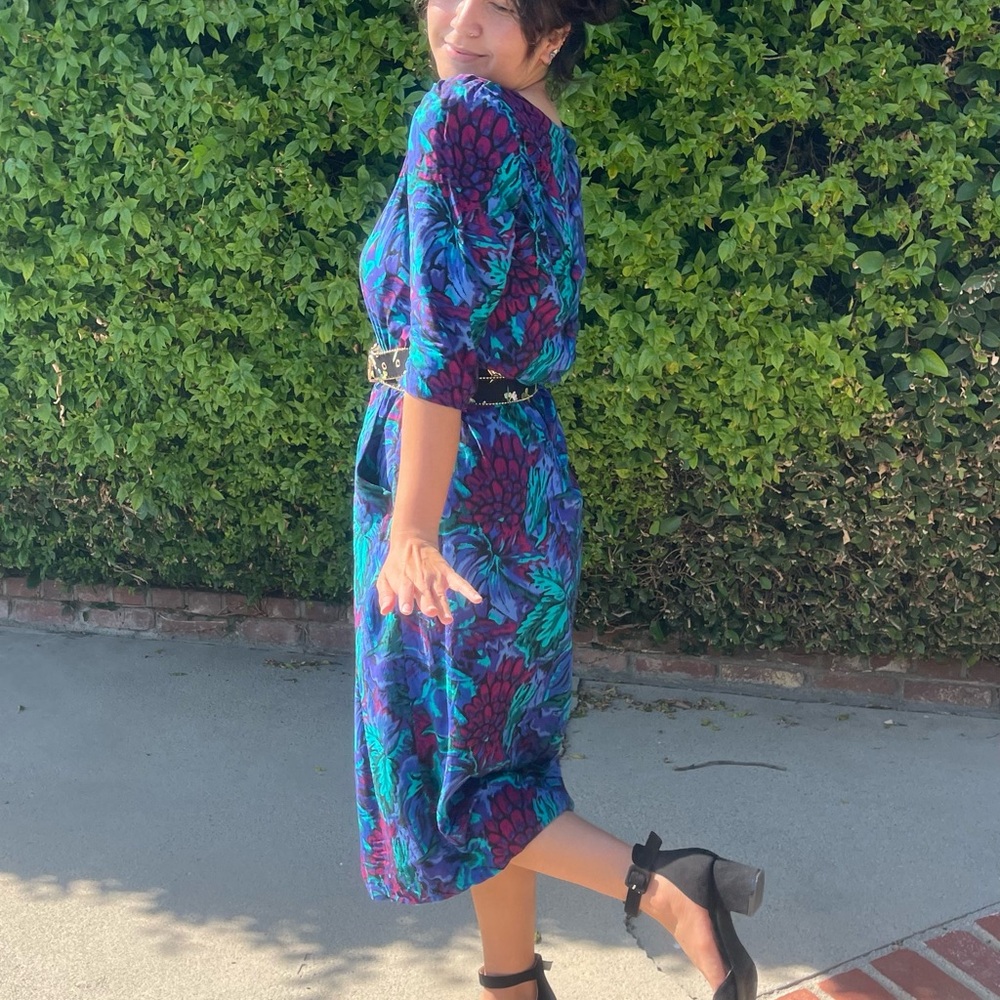 Vintage 80s Floral Midi Dress Secretary Tea Modest Bold Shoulder Pads Vtg Large - Picture 10 of 15